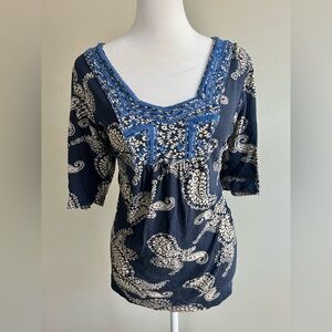 Boho Lucky Brand Navy Blue Paisley Embroidered Neckline Top L